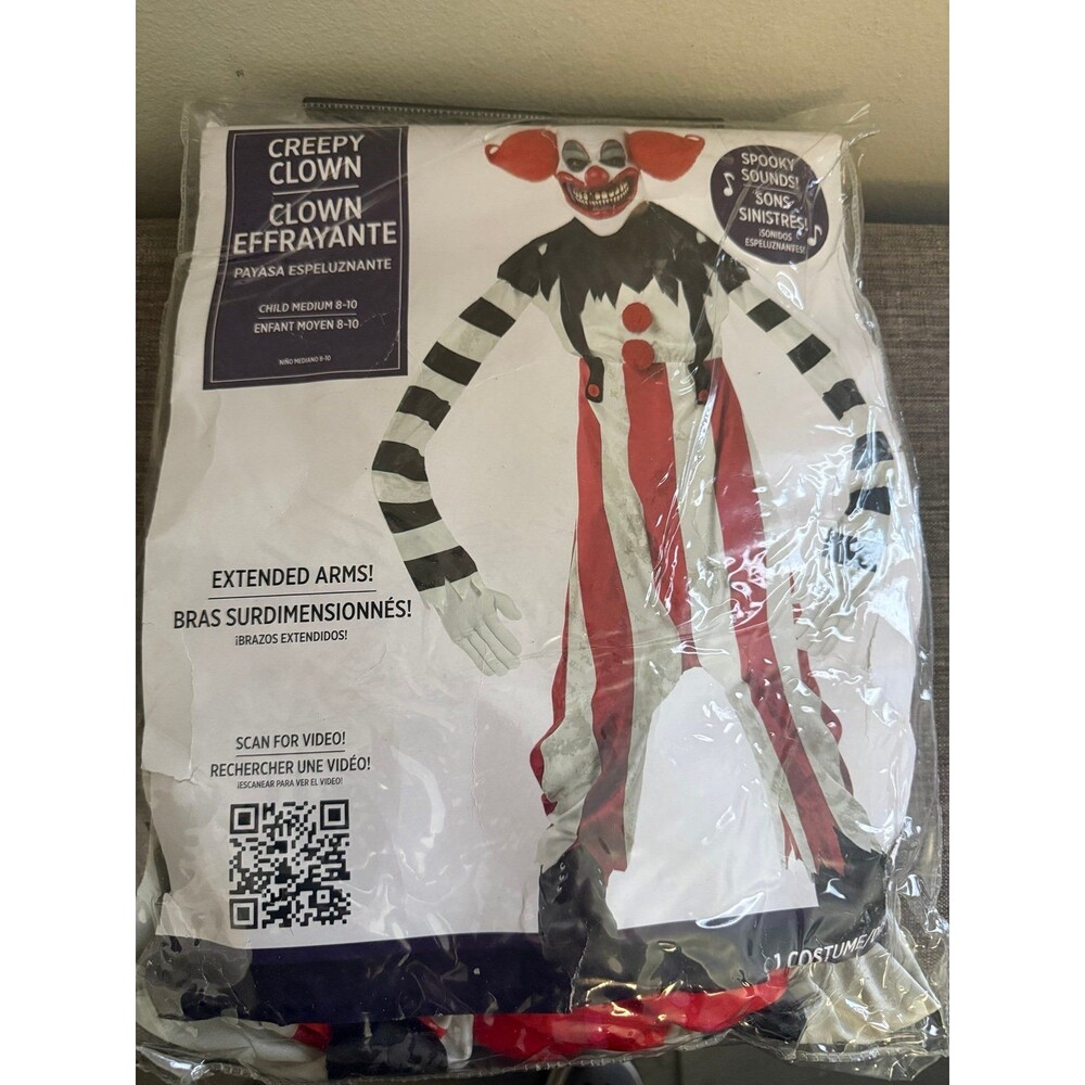 New Youth Creepy Clown Costume Size Medium Ages 8-10 *Read /No Sound*